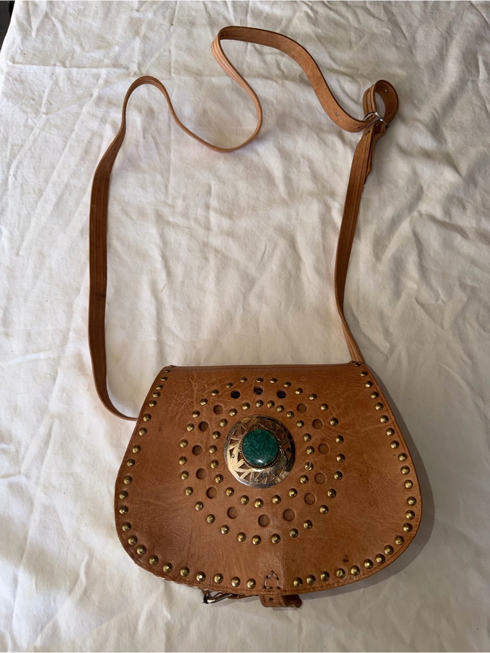 Tan Leather Crossbody Bag with Decorative Turquoise Accent
